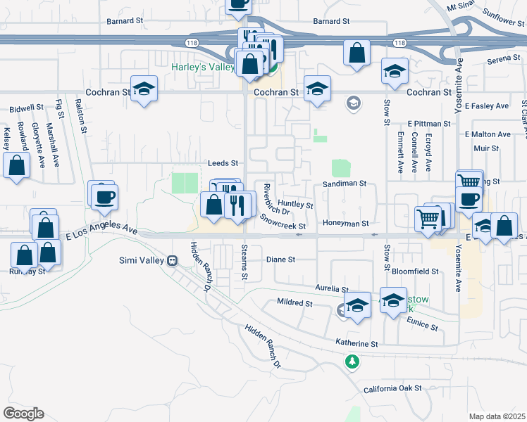 map of restaurants, bars, coffee shops, grocery stores, and more near 2136 Crosscreek Avenue in Simi Valley
