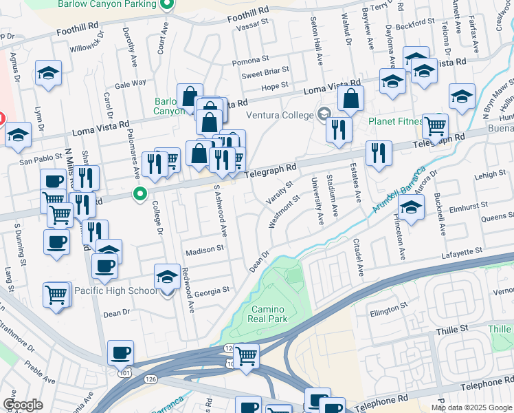 map of restaurants, bars, coffee shops, grocery stores, and more near 85 Baylor Drive in Ventura
