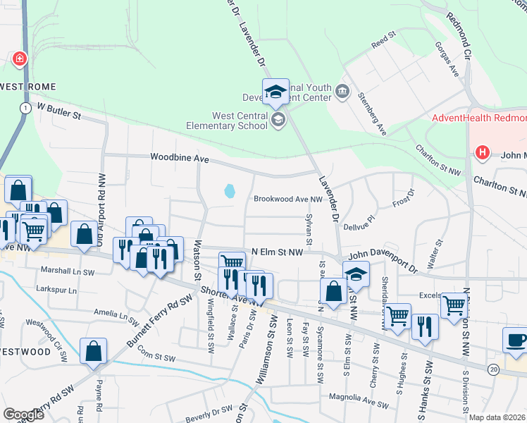 map of restaurants, bars, coffee shops, grocery stores, and more near 325 Brookwood Avenue Northwest in Rome
