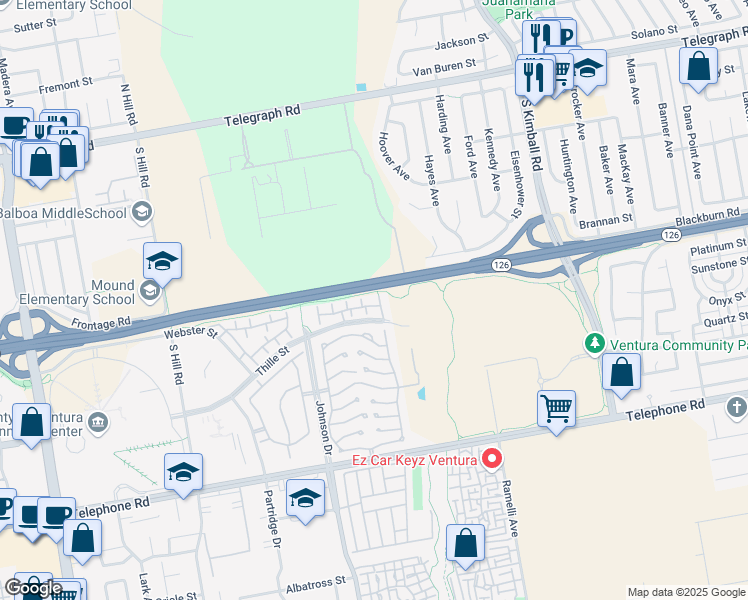 map of restaurants, bars, coffee shops, grocery stores, and more near 587 Holmes Avenue in Ventura