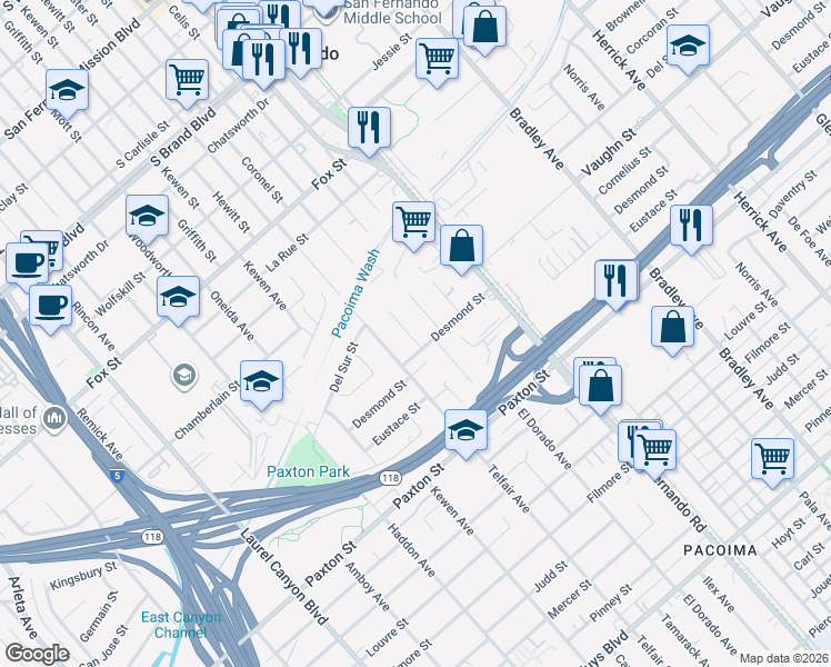 map of restaurants, bars, coffee shops, grocery stores, and more near 11164 Tamarack Avenue in Los Angeles