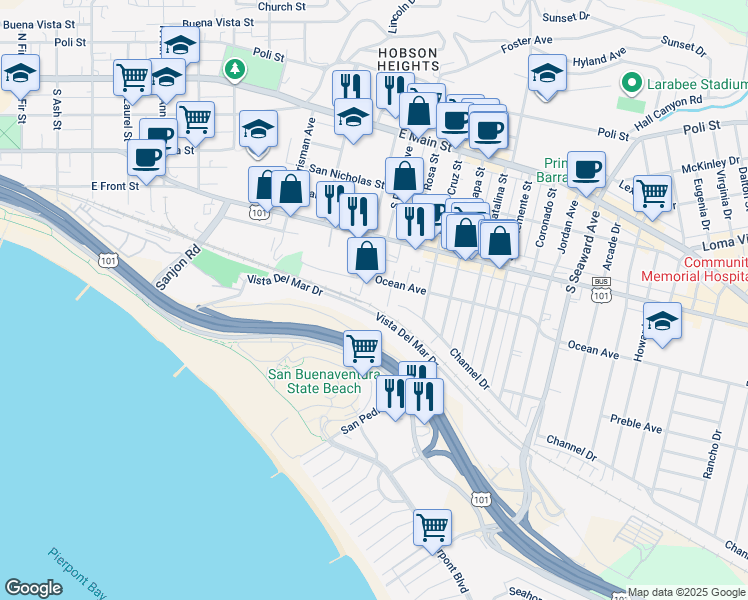 map of restaurants, bars, coffee shops, grocery stores, and more near 1806 Ocean Avenue in Ventura