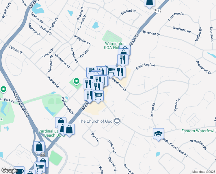 map of restaurants, bars, coffee shops, grocery stores, and more near 7222 Market Street in Wilmington