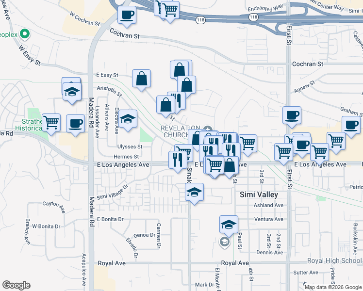 map of restaurants, bars, coffee shops, grocery stores, and more near 469 Aristotle Street in Simi Valley