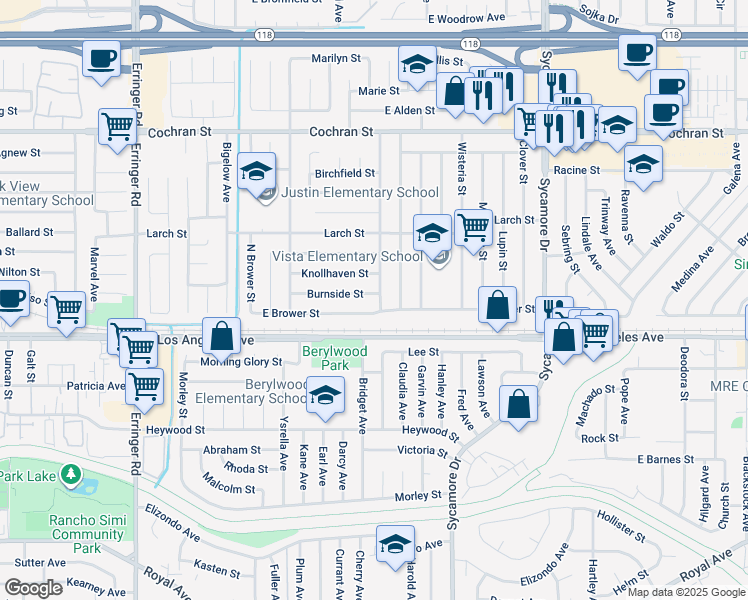 map of restaurants, bars, coffee shops, grocery stores, and more near 2364 Burnside Street in Simi Valley