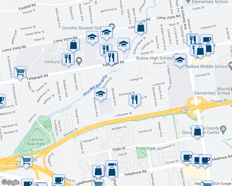 map of restaurants, bars, coffee shops, grocery stores, and more near 5213 Elmhurst Street in Ventura