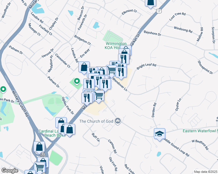 map of restaurants, bars, coffee shops, grocery stores, and more near 7222 Market Street in Wilmington