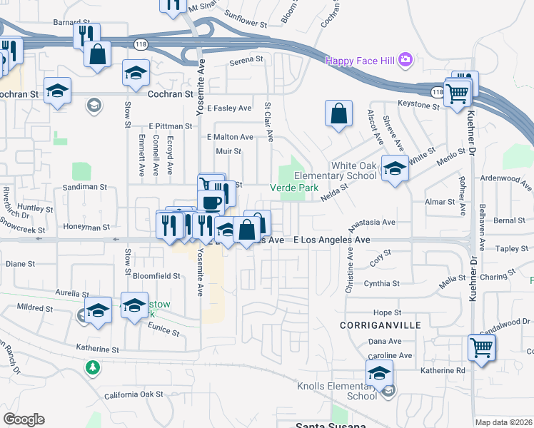 map of restaurants, bars, coffee shops, grocery stores, and more near 2053 North Avenida Refugio in Simi Valley