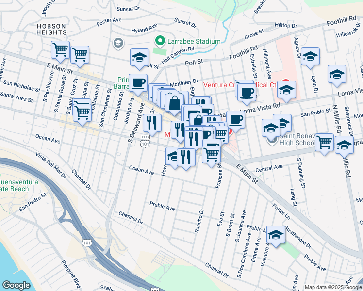map of restaurants, bars, coffee shops, grocery stores, and more near 107 South Katherine Drive in Ventura