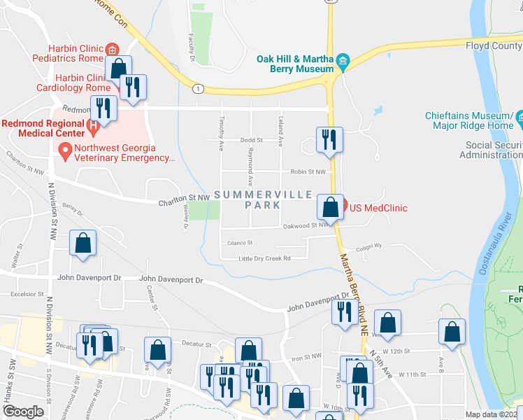map of restaurants, bars, coffee shops, grocery stores, and more near 107 Charlton Street Northwest in Rome
