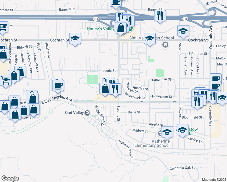 map of restaurants, bars, coffee shops, grocery stores, and more near 5145 East Los Angeles Avenue in Simi Valley