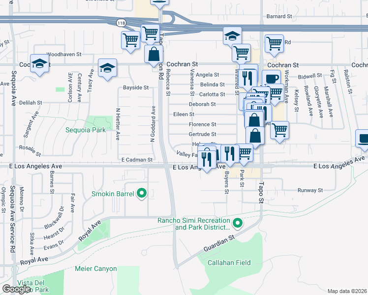 map of restaurants, bars, coffee shops, grocery stores, and more near 4049 Helene Street in Simi Valley