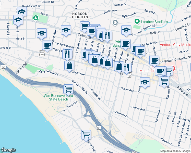 map of restaurants, bars, coffee shops, grocery stores, and more near 395 South Catalina Street in Ventura