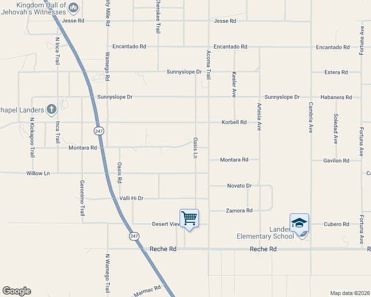 map of restaurants, bars, coffee shops, grocery stores, and more near 1312 Oasis Road in Landers