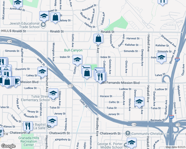 map of restaurants, bars, coffee shops, grocery stores, and more near 16201 San Fernando Mission Boulevard in Los Angeles