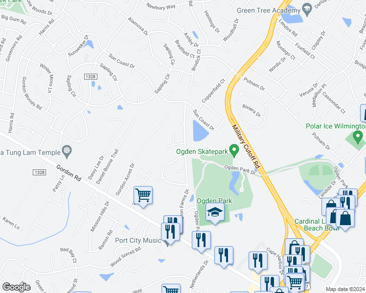 map of restaurants, bars, coffee shops, grocery stores, and more near 6618 Wheatfields Court in Wilmington