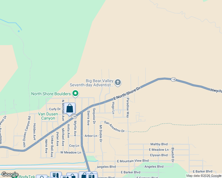 map of restaurants, bars, coffee shops, grocery stores, and more near 1128 Gold Mountain Drive in Big Bear