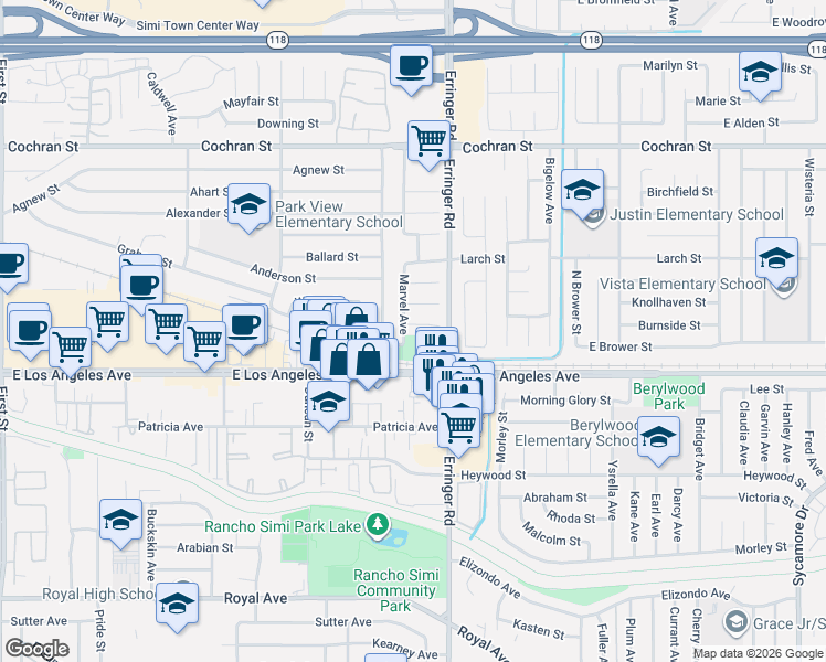 map of restaurants, bars, coffee shops, grocery stores, and more near 1816 Hillary Court in Simi Valley