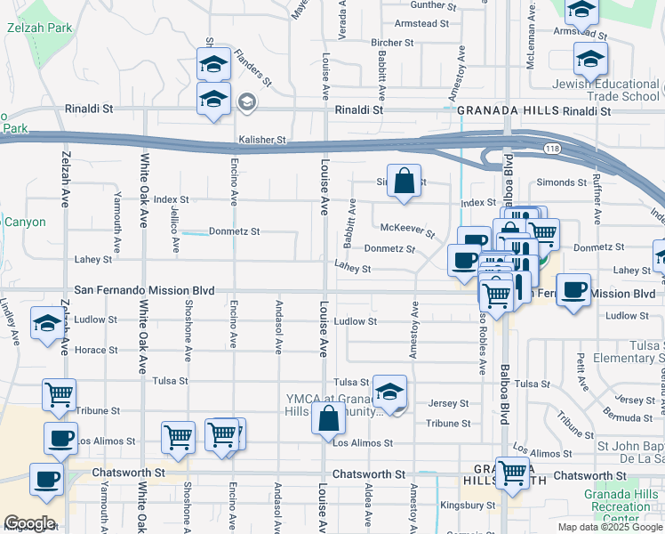 map of restaurants, bars, coffee shops, grocery stores, and more near 11144 Louise Avenue in Los Angeles