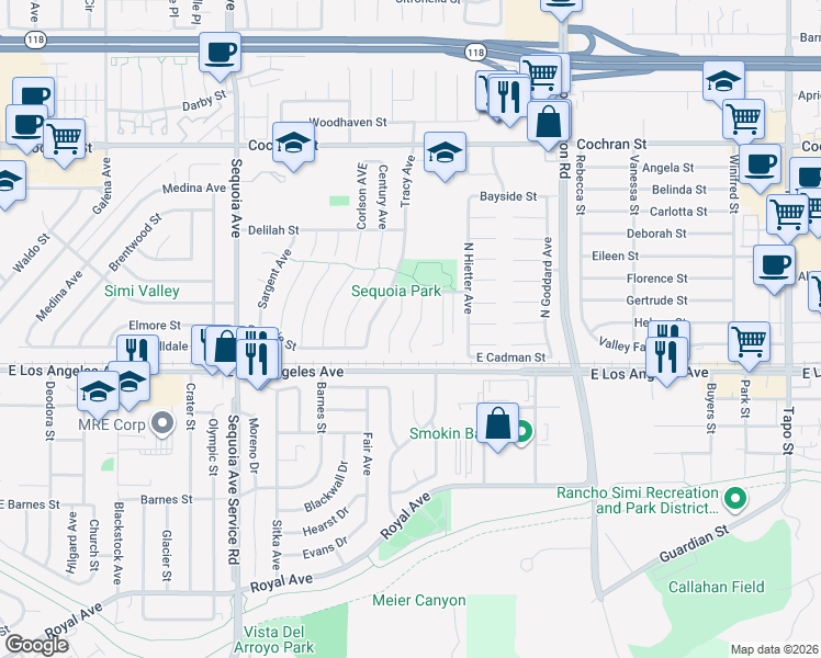 map of restaurants, bars, coffee shops, grocery stores, and more near 2047 Belmar Court North in Simi Valley