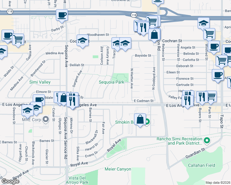 map of restaurants, bars, coffee shops, grocery stores, and more near 2047 Belmar Court North in Simi Valley