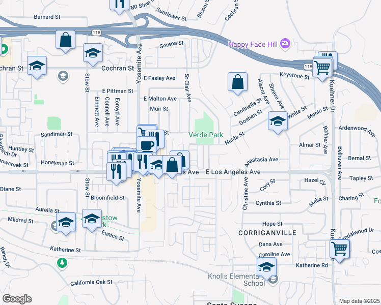 map of restaurants, bars, coffee shops, grocery stores, and more near 6002 Nelda Street in Simi Valley
