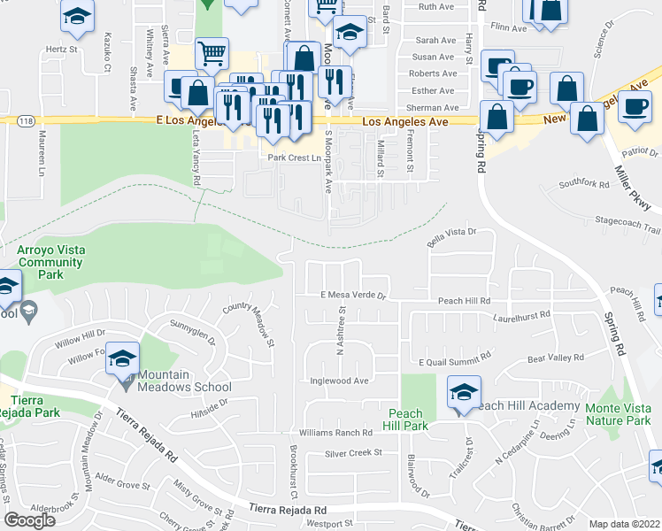 map of restaurants, bars, coffee shops, grocery stores, and more near 13000 East vistapark Drive in Moorpark