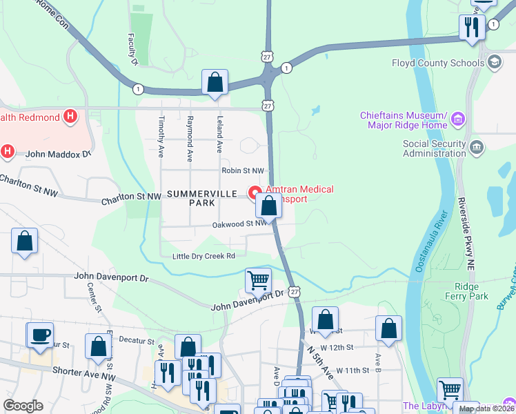 map of restaurants, bars, coffee shops, grocery stores, and more near 1607 Martha Berry Boulevard Northeast in Rome