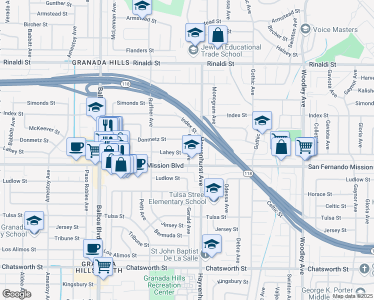 map of restaurants, bars, coffee shops, grocery stores, and more near 16631 Lahey Street in Los Angeles