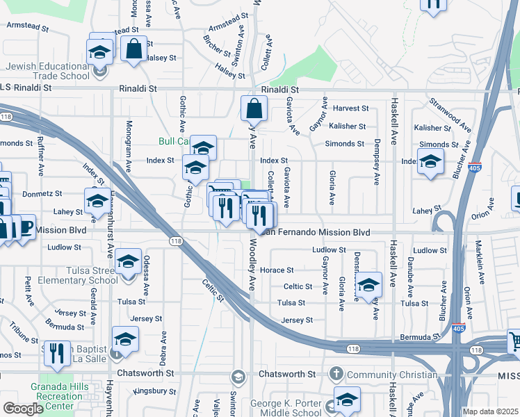 map of restaurants, bars, coffee shops, grocery stores, and more near 11151 Woodley Avenue in Los Angeles