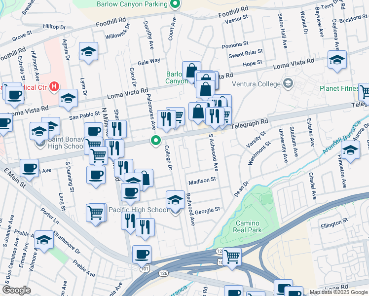 map of restaurants, bars, coffee shops, grocery stores, and more near 3980 Telegraph Road in Ventura