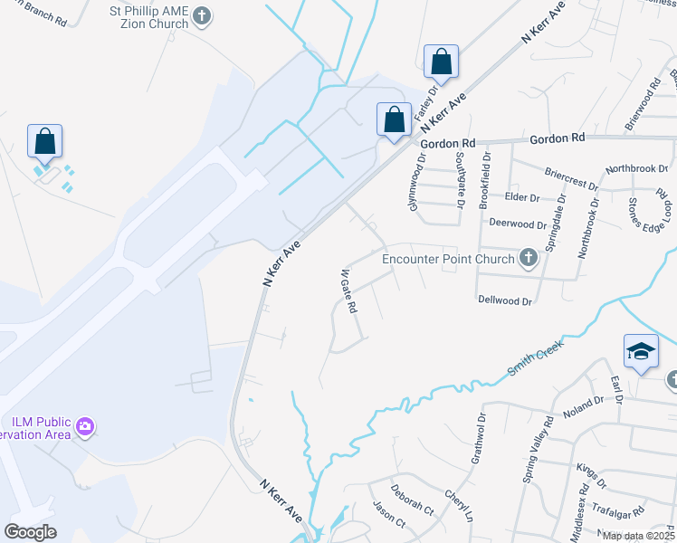 map of restaurants, bars, coffee shops, grocery stores, and more near 4617-4621 West Gate Road in Wilmington