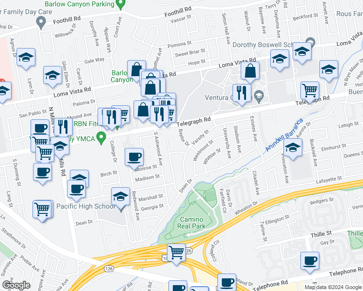 map of restaurants, bars, coffee shops, grocery stores, and more near 101 Baylor Drive in Ventura