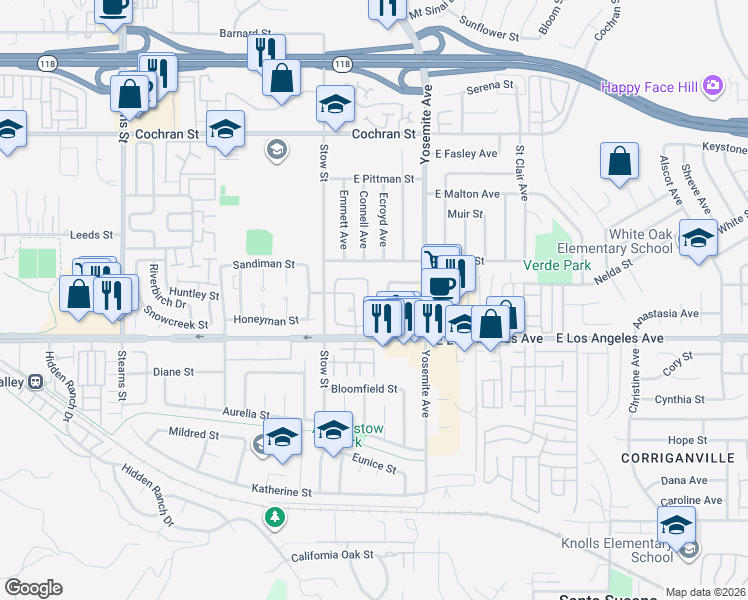 map of restaurants, bars, coffee shops, grocery stores, and more near 5744 Nutwood Circle in Simi Valley