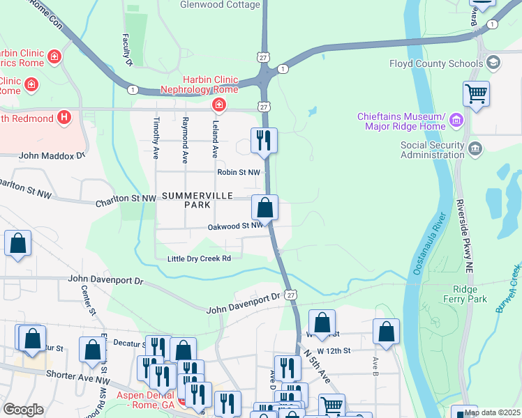map of restaurants, bars, coffee shops, grocery stores, and more near 111 Charlton Street Northwest in Rome