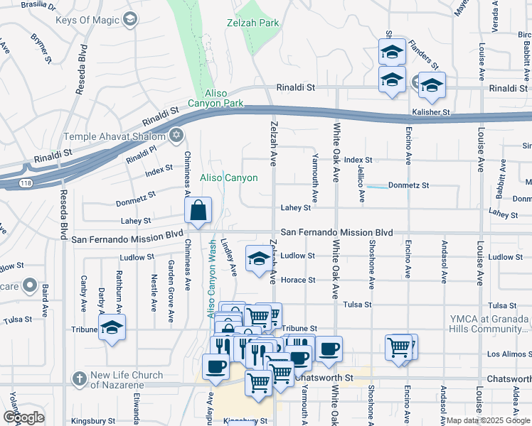 map of restaurants, bars, coffee shops, grocery stores, and more near 17908 Lahey Street in Los Angeles