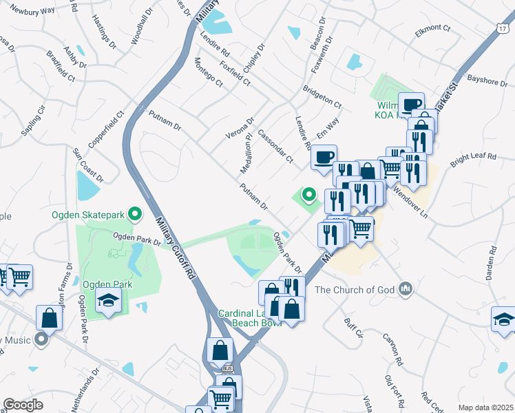 map of restaurants, bars, coffee shops, grocery stores, and more near 301 Putnam Drive in Wilmington