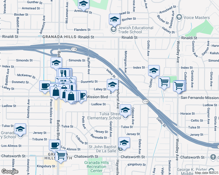 map of restaurants, bars, coffee shops, grocery stores, and more near 16631 Lahey Street in Los Angeles