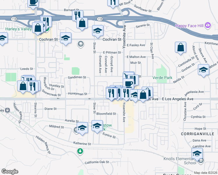 map of restaurants, bars, coffee shops, grocery stores, and more near 2040 Freesia Avenue in Simi Valley