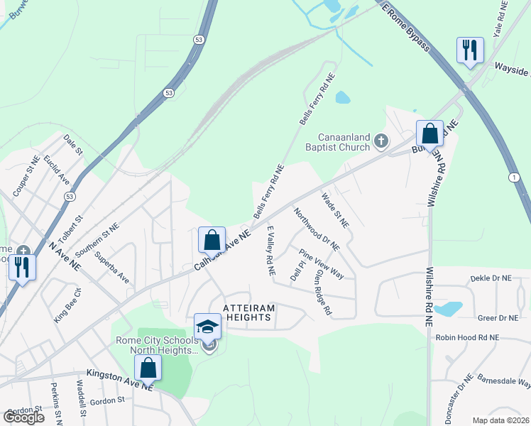 map of restaurants, bars, coffee shops, grocery stores, and more near 2 Bells Ferry Road Northeast in Rome