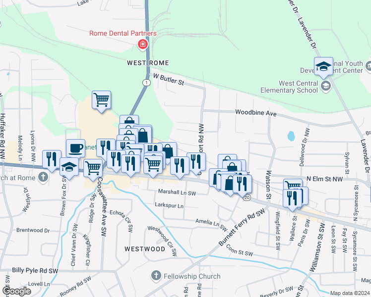 map of restaurants, bars, coffee shops, grocery stores, and more near 7 Runway Drive Northwest in Rome