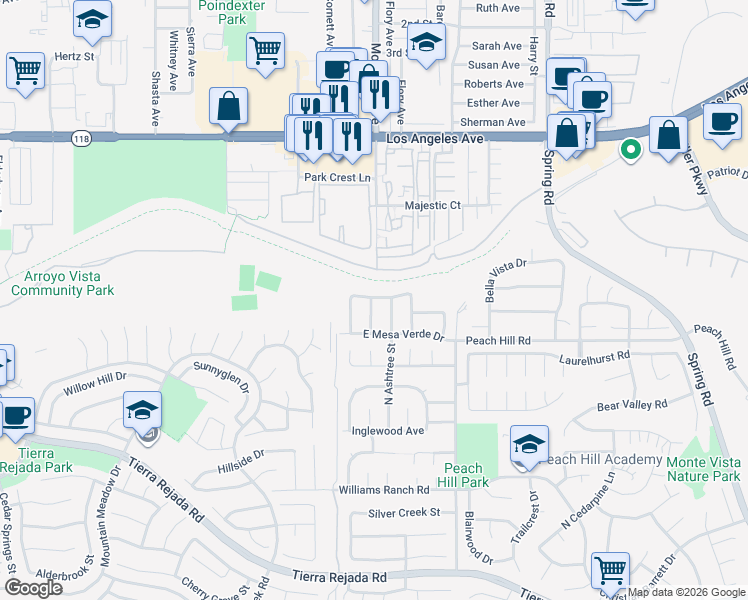 map of restaurants, bars, coffee shops, grocery stores, and more near 13000 East vistapark Drive in Moorpark