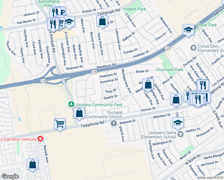 map of restaurants, bars, coffee shops, grocery stores, and more near 8211 Onyx Street in Ventura