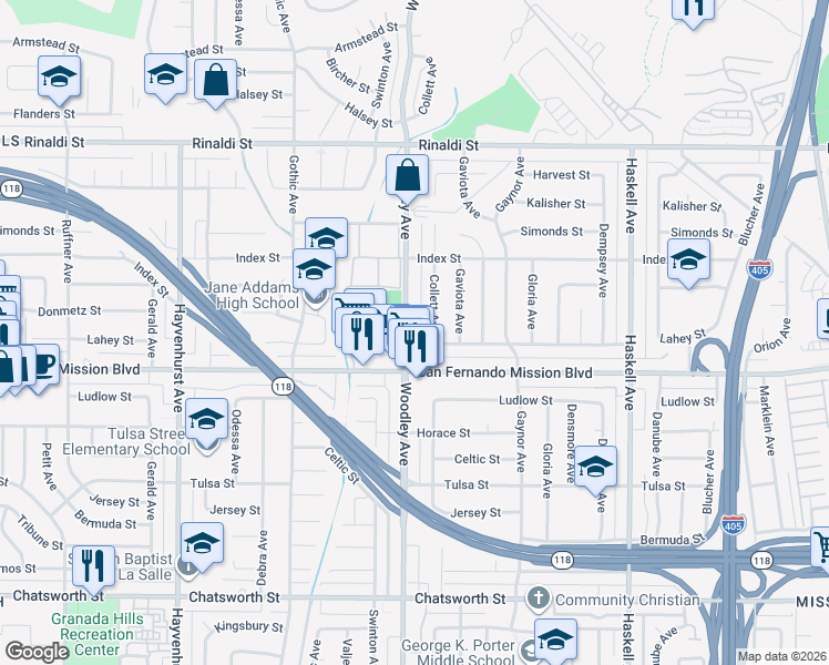 map of restaurants, bars, coffee shops, grocery stores, and more near 11140 Woodley Avenue in Los Angeles