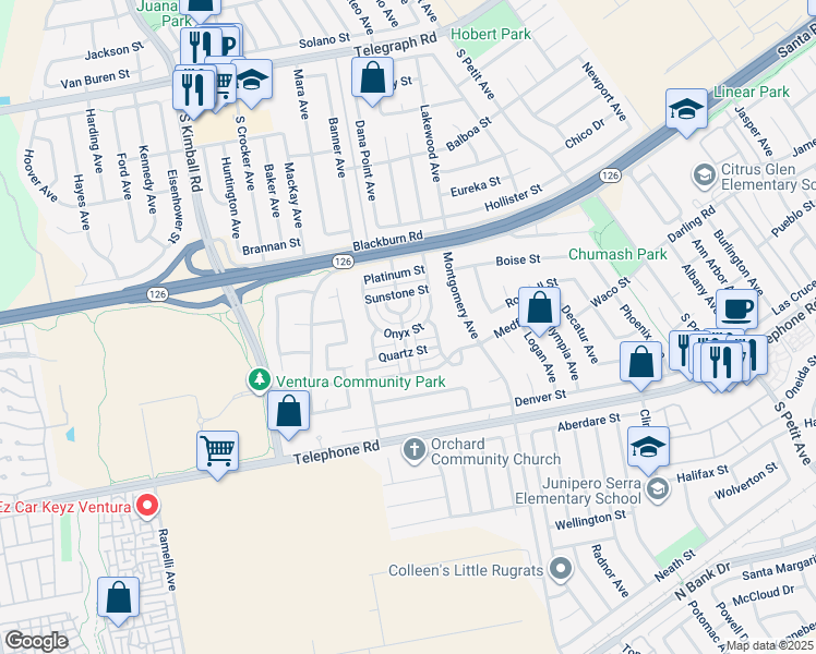 map of restaurants, bars, coffee shops, grocery stores, and more near 8211 Onyx Street in Ventura