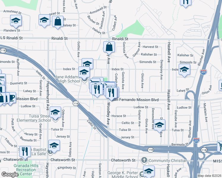 map of restaurants, bars, coffee shops, grocery stores, and more near 11140 Woodley Avenue in Los Angeles