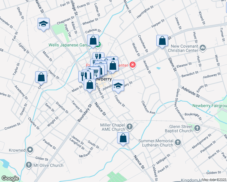 map of restaurants, bars, coffee shops, grocery stores, and more near 1406 Boundary Street in Newberry