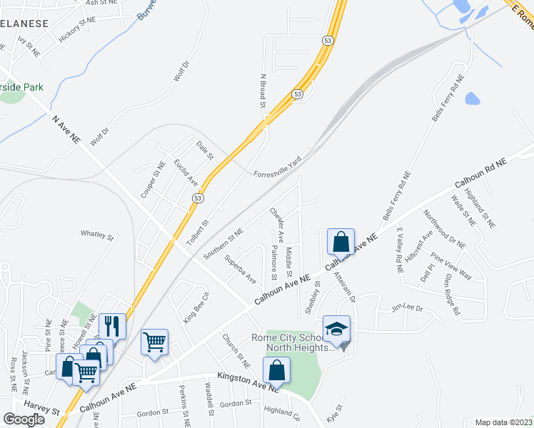 map of restaurants, bars, coffee shops, grocery stores, and more near 2132 Southern Street Northeast in Rome