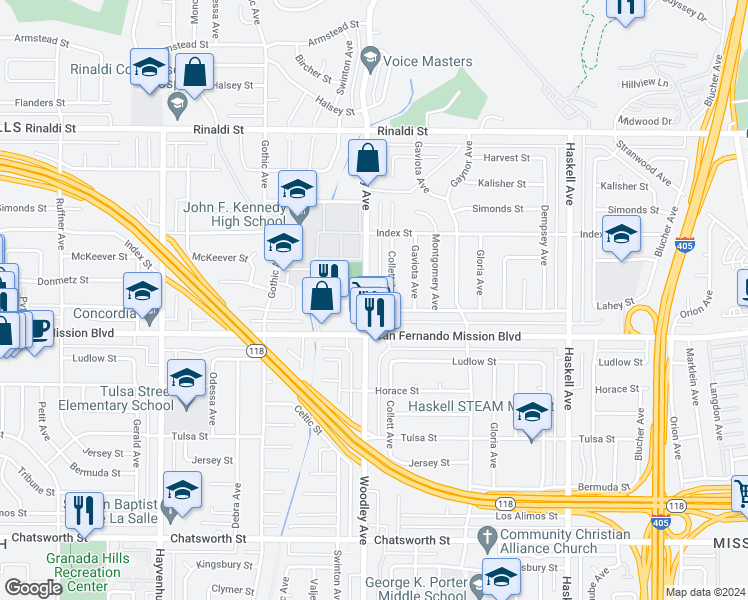 map of restaurants, bars, coffee shops, grocery stores, and more near 11140 Woodley Avenue in Los Angeles
