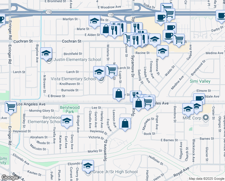 map of restaurants, bars, coffee shops, grocery stores, and more near 2057 Magnolia Street in Simi Valley